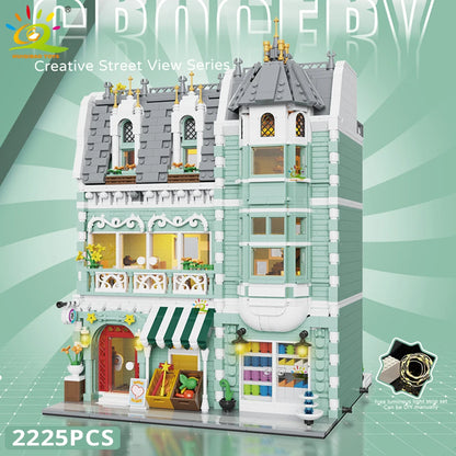 HUIQIBAO Toys MOC City Corner Coffee Shop Architecture Style Street View Micro Building Blocks for Children Construction Bricks