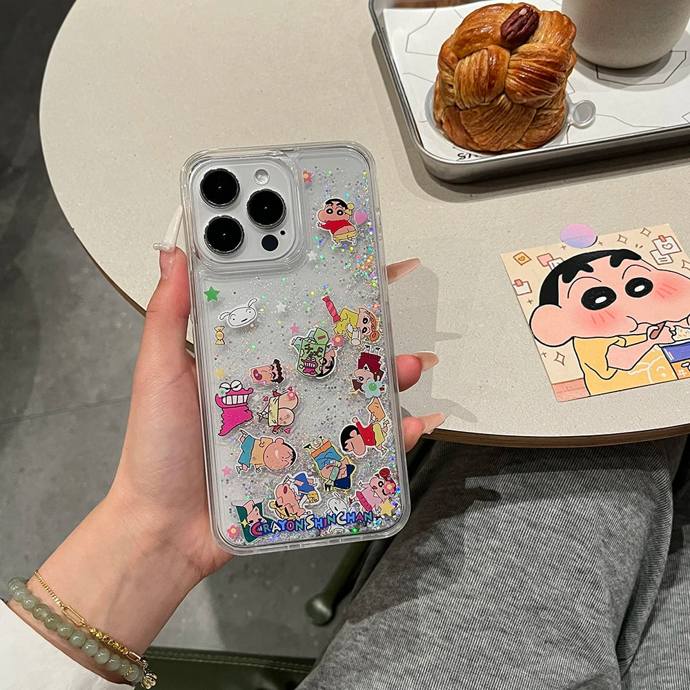 Anime Cartoon N-Noharas Shinnosukes Luxury Quicksand Phone Case for IPhone 15 14 13 12 11 Pro Max Transparent Back Cover Funda