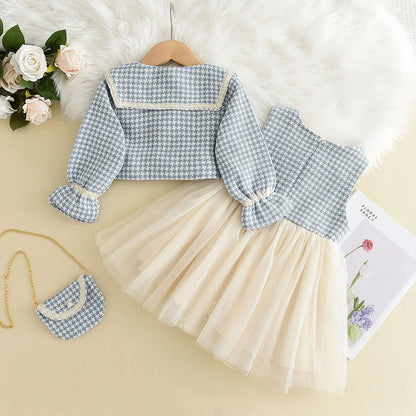 Bear Leader Girls' Dress Set 2023 Spring/Autumn New Girls' Round Neck Sleeveless Dress+Ruffled Button Pocket Coat Two Piece Set