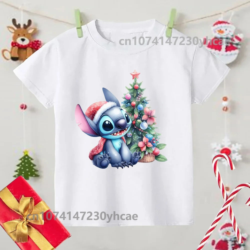 Merry Christmas Lilo Stitch Kids Tshirts Baby Holiday T-Shirt Tees Girls Party T Shirt with Clothes Kids Fashion Tops Tshirt