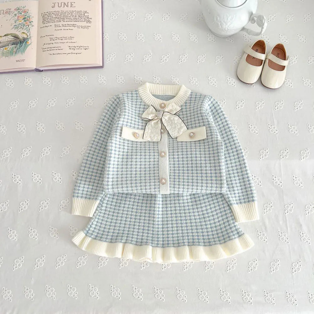 MILANCEL Spring Autumn Children's Clothing Set 1-5Y Girls Plaid Knitted Sweater and Skirt 2Pcs Trendy Girls Bow Cardigan Outfit