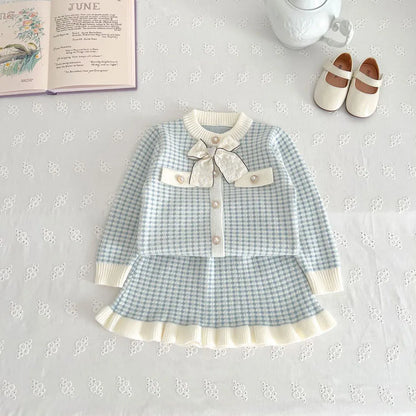 MILANCEL Spring Autumn Children's Clothing Set 1-5Y Girls Plaid Knitted Sweater and Skirt 2Pcs Trendy Girls Bow Cardigan Outfit