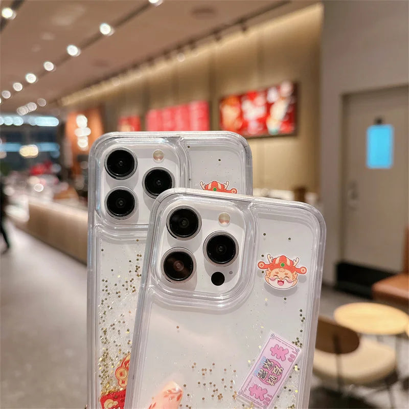 New 2024 Chinese Style For iPhone 14 15 Pro Max 16 Case Dynamic Quicksand Peace Auspiciousness Floating Elements in Phone Shells