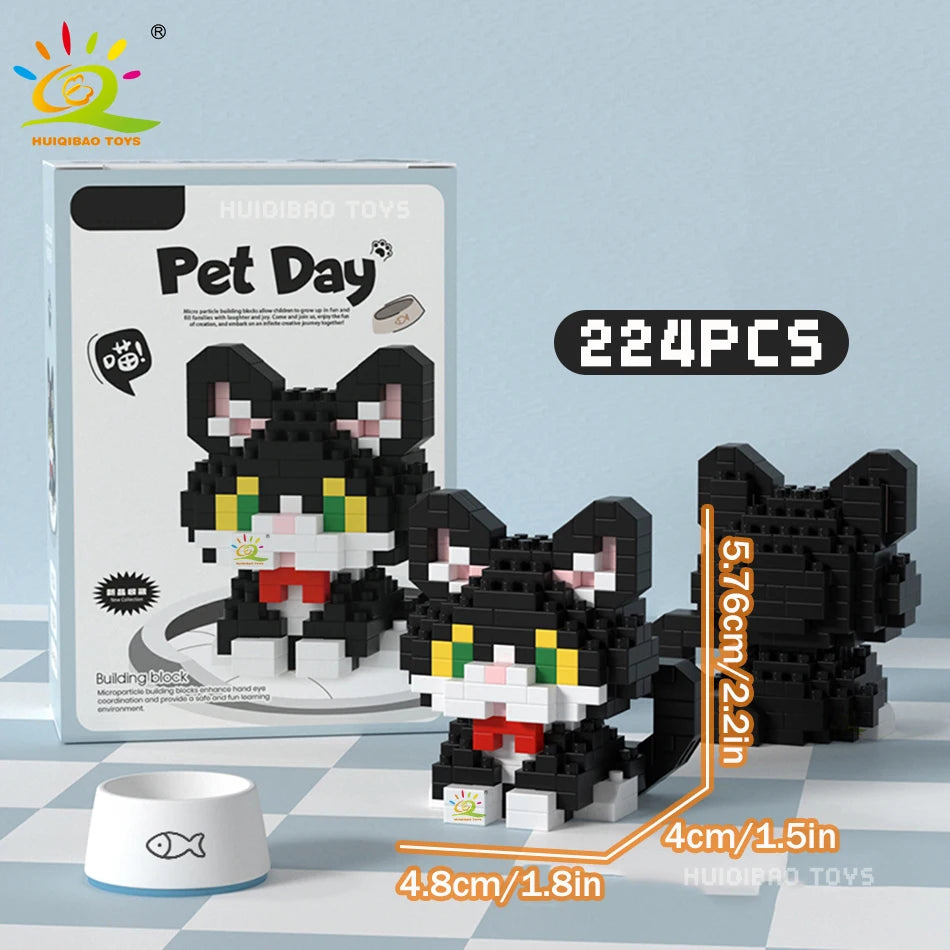 HUIQIBAO MINI Working Cat Pet Dog Micro Model Building Block Set Kids City Cartoon Animal Diamond Bricks Educational Toys Adult