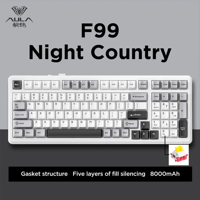 Aula F99 Gaming Mechanical Keyboard Three Mode 2.4g Wireless Bluetooth Wired Hot Swap PBT Gasket RGB For Games Typing 99 Keys