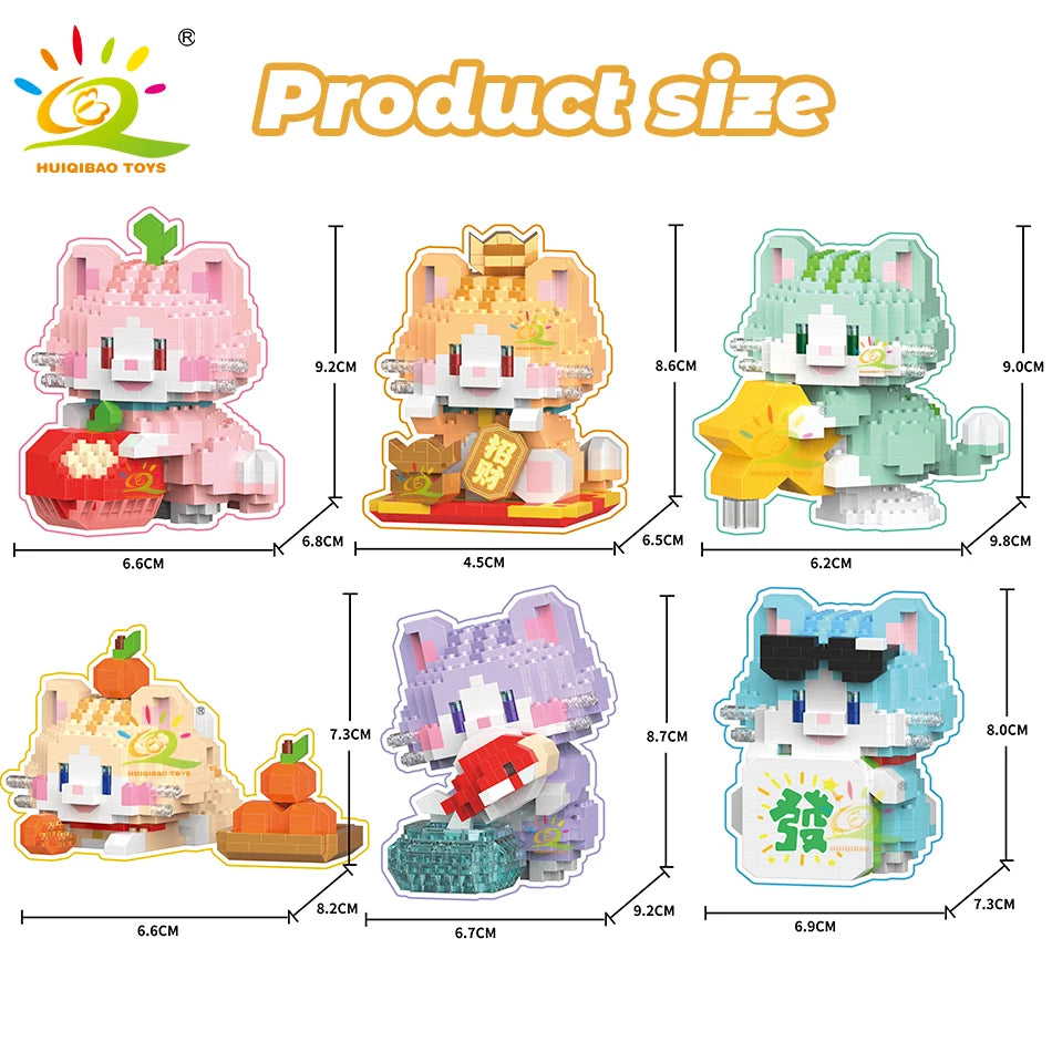 HUIQIBAO Cute Fortune Cat Micro Model Building Block Kids Mini Pets City Cartoon Animal Diamond Bricks Educational Toys Adult