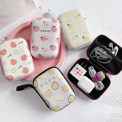 Cute Cartoon Fruit Pattern Headphone Data Cable Storage Bags Charger Power Bank Rectangular Box Zipper Bag Pocket Pouch