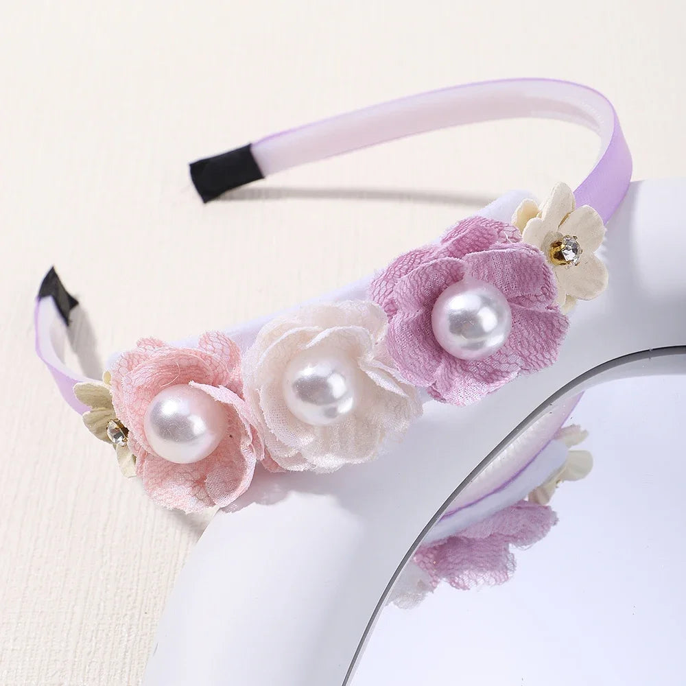 Handmade Head Flower Girls Headbands Baby Hairband Pearl Feather Wedding Princess Kids Dance Party Headwear Newborn Accessories