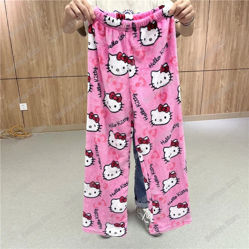 Sanrio Christmas Hello Kitty Pajamas Halloween Flannel Fashion Trouserswomen Kawaii Woolen Anime Cartoon Casual Home Pant Autumn