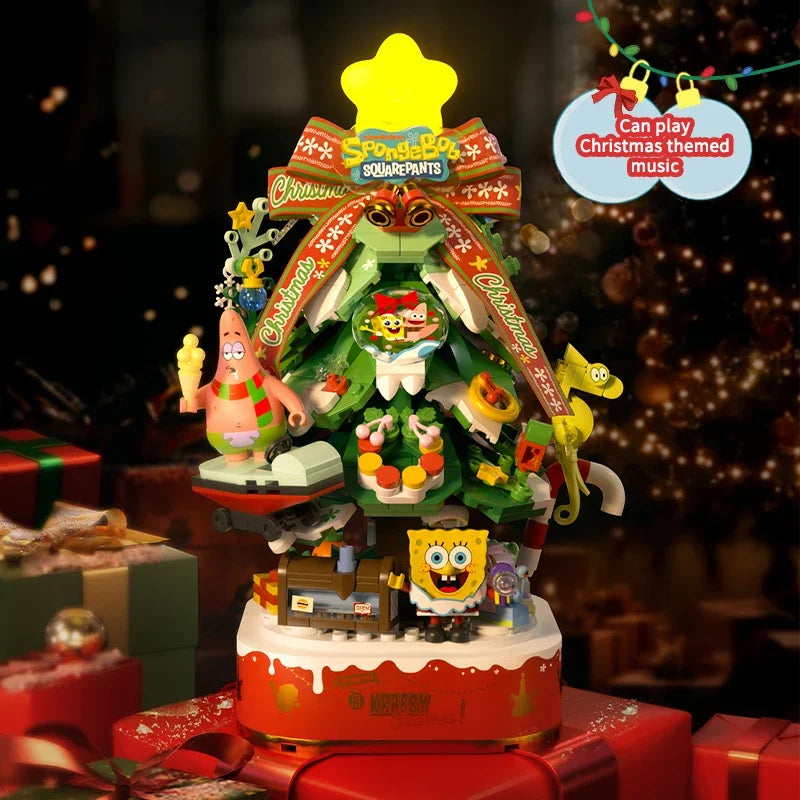 SpongeBob SquarePants Building Blocks Merry Christmas Tree Music Box Bricks Light Desktop Decoration Assembly Toys For Kids Gift