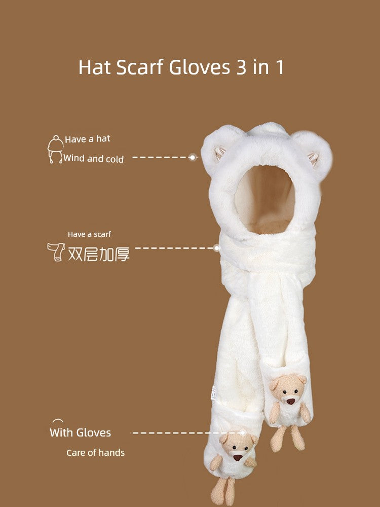 Cute Bear Hat Heattech Scarf Integrated Hooded Women's Autumn and Winter Heattech Gloves Thick Fleece Three-Piece Set