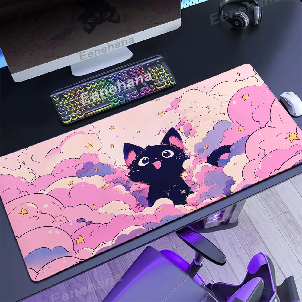 The Black Cat on the Clouds Keyboard Mouse pad Kawaii Art style patterns Pink Desk Mat PC Gamer Rug Office Carpet Home Table pad