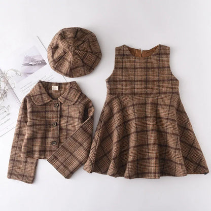 Menoea  Clothes Set Spring Autumn Plaid Vest Dress Retro Outwear Coat 2 Pcs Fashion Baby Party Dress with Bag Outfits