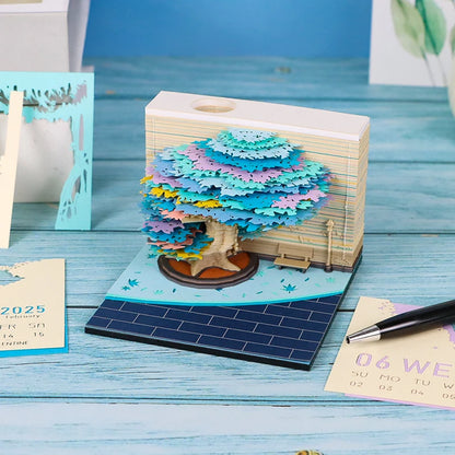 3D Memo Pads Paper Art Notepad Calendar 2025 Four Seasons Tree With Light Decoration Paper Notepad Note Cube With Pen Hole Gift