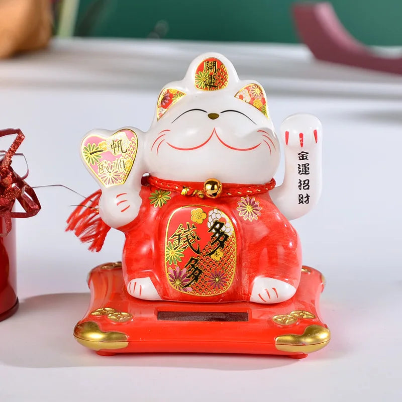 Solar Powered Lucky Cat Maneki Neko Home-Office Car Christmas Decoration Welcoming Chinese Lucky Cat Waving Hand Beckoning Decor