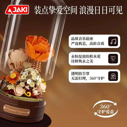 Jaki Building Block Flower Preserved Fresh Flower Rotating Music Box Rose Bouquet Assembled Toy Music Box Girl Gift