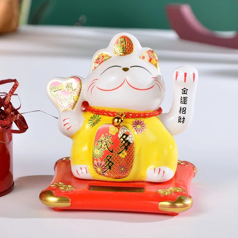 Solar Powered Lucky Cat Maneki Neko Home-Office Car Christmas Decoration Welcoming Chinese Lucky Cat Waving Hand Beckoning Decor