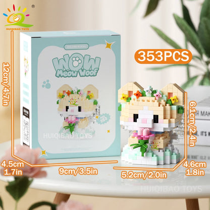 HUIQIBAO MINI Working Cat Pet Dog Micro Model Building Block Set Kids City Cartoon Animal Diamond Bricks Educational Toys Adult