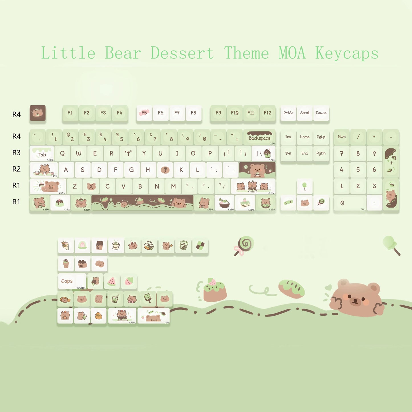 132 Keys Cute Little Bear Dessert Keycaps MOA Profile Key Caps English for 61/64/68/84/87/96/98/104 Mechanical Keyboard Keycaps