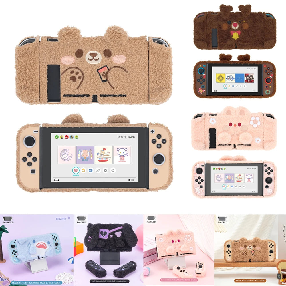 Geekshare Winter Plush Protective Shell Compatible with Nintendo Switch or Switch Oled Cute Bear Bunny Elk Case Christmas Gift