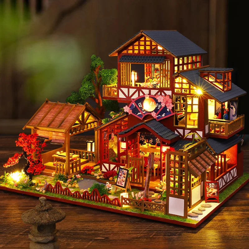 Diy Wooden Miniature Building Kit Doll Houses With Furniture Japanese Cuisine Casa Dollhouse Handmade Toys For Girls Xmas Gifts