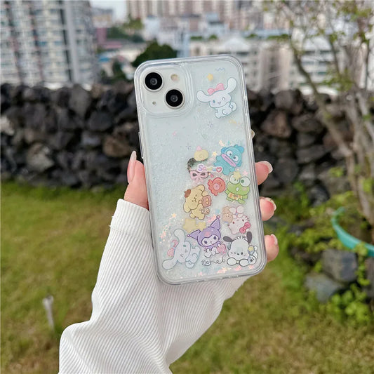 Sanrio Hello Kitty Pochacco Kuromi Melody Bling Glitter Quicksand Phone Case For iPhone 15 14 Plus 13 12 11 Pro Max Clear Cover