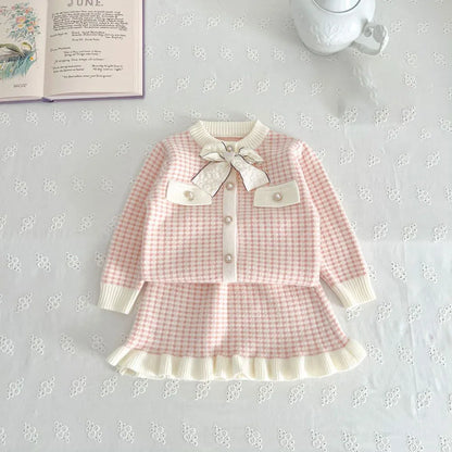 MILANCEL Spring Autumn Children's Clothing Set 1-5Y Girls Plaid Knitted Sweater and Skirt 2Pcs Trendy Girls Bow Cardigan Outfit