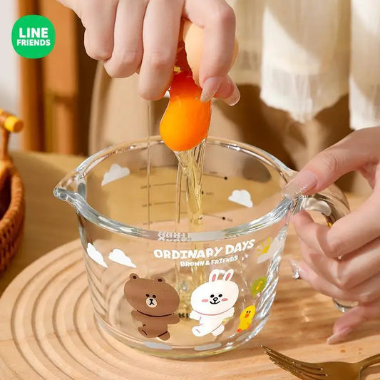 LINE FRIENDS Anime Kawaii Brown Glass Measuring Cup with Scale Cony Sally Cartoon High Temperature Home Baking Egg Measuring Cup