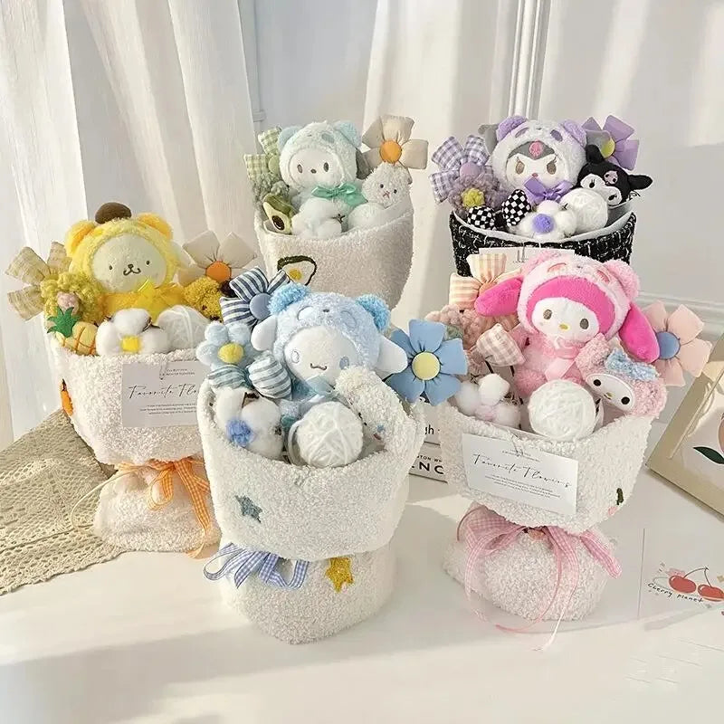 Sanrio Hello Kitty Bouquet Cute Cartoon Plush Doll Flower Cinnamoroll Kuromi My Melody Toys Flower Girl&Child Holiday Gifts