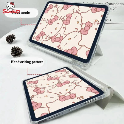 Sanrio Hello Kitty Ipad Protective Cover Tri-Fold Transparent Anime Kawaii KT Print Drop-Proof Waterproof Durable High Value New