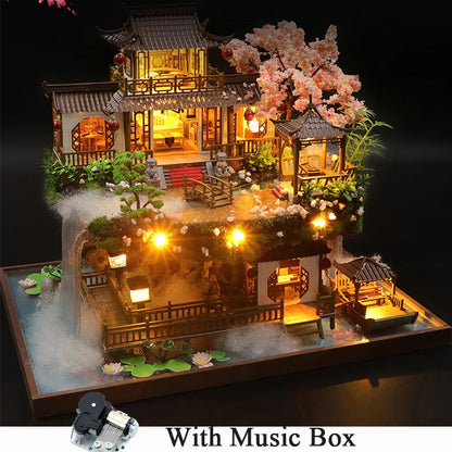 DIY Wooden Miniature Building Kit Doll Houses with Furniture Chinese Ancient Casa Dollhouse Handmade Toys for Girls Xmas Gifts