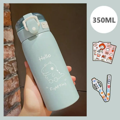 350ml/500ml Cute Water Bottle Thermos Cup Portable Kawaii Thermos Bottle with Straw and Stickers Kid Stainless Steel Thermal Mug