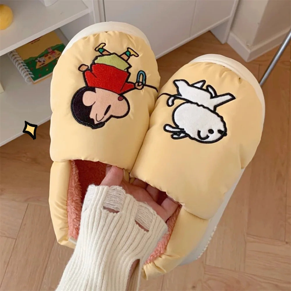 Crayon Shin-Chan Nohara Shiro Cartoon Winter Velvet Thickened Cotton Slippers for Girls Thick-Soled Root-Wrapped Home Shoes