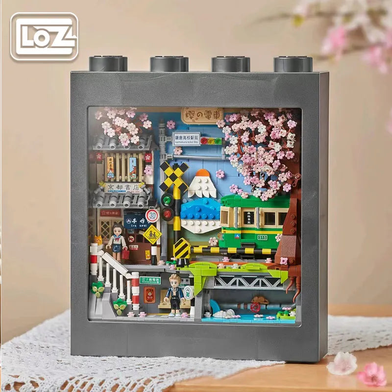 LOZ Mini 1907 Cherry Blossom Tram Building Blocks Equipped with Dust Box Splicing Home Supplies Educational Toys Gifts Festival