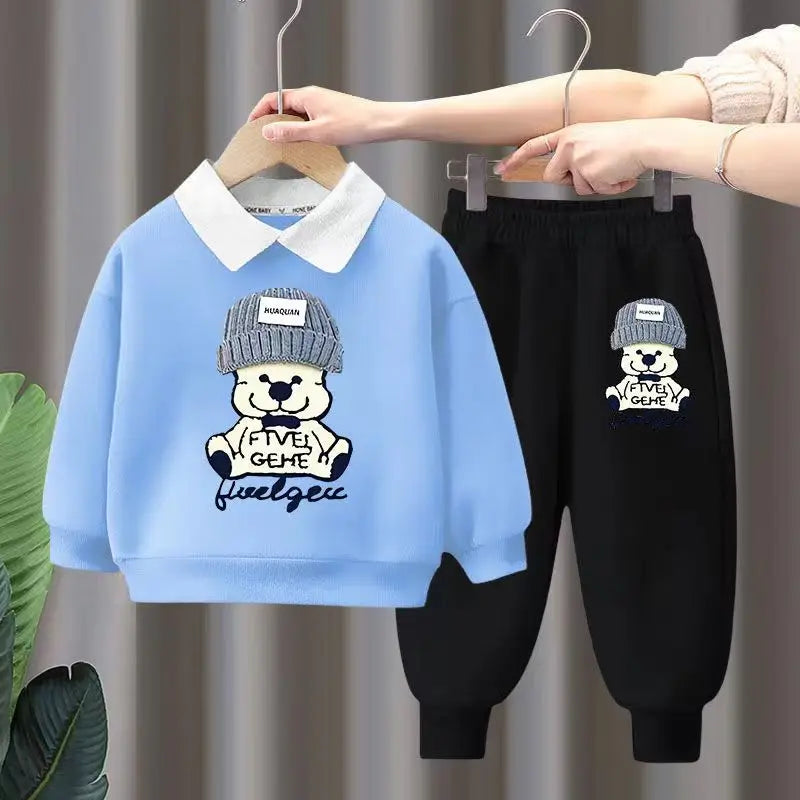 Autumn Baby Girls Clothes Set Children Boy Lapel Cartoon Printed Pullover Sweatshirts And Pants 2pcs Suit Children Tracksuits