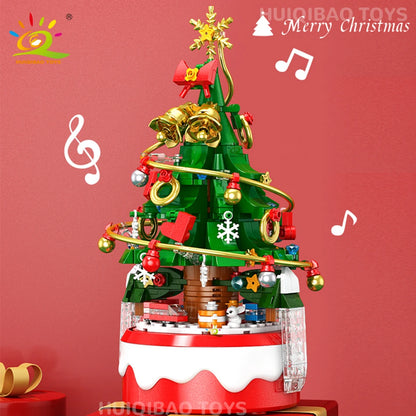 HUIQIBAO Children Mini Christmas Tree Santa Claus Music Box Model Micro Bricks Building Block DIY Bricks Toys for Adult Gift