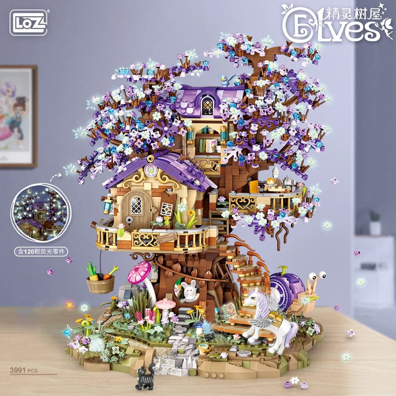 Creative LOZ Mini EIf Tree House Luminous Brick Building Blocks DIY City Street View Cherry Blossom Model Toys For Children Gift