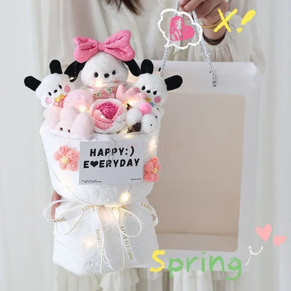 Hot Sanrio Bow Knot Pochacco Plush Dolls Bouquet Flower Girls Creative Valentine's Day Kawaii Cartoon Graduation New Year Gifts