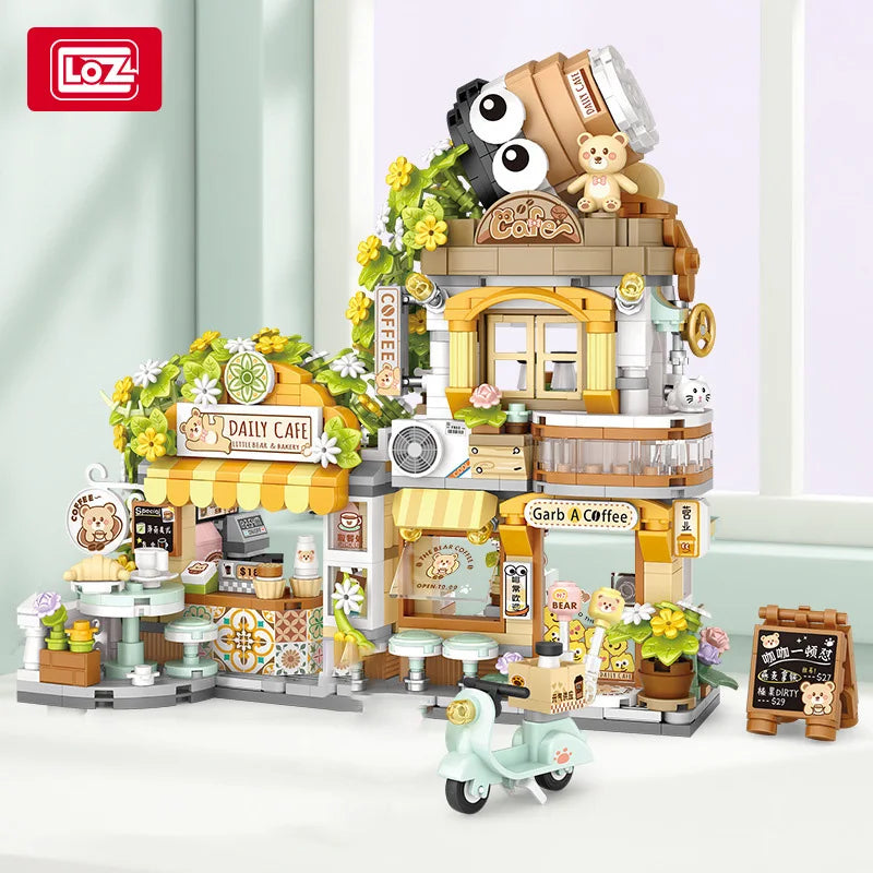 LOZ-1383 Street View series Panda Teahouse Bear Coffee Shop model matching children and adult building blocks toy gifts