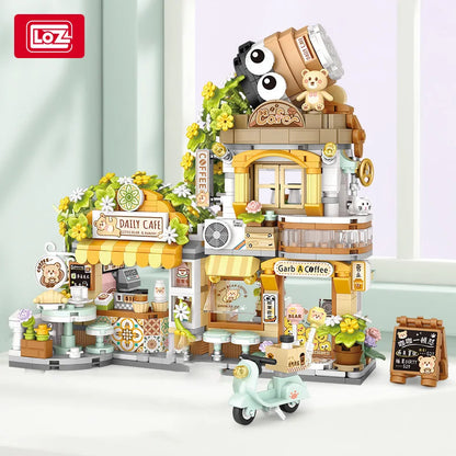 LOZ-1383 Street View series Panda Teahouse Bear Coffee Shop model matching children and adult building blocks toy gifts