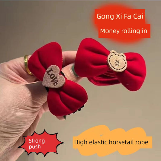 New Year Children Red Bows Rubber Band Girl Bun Headband Baby Festive New Year Greeting Hair Rope Ring Hair Accessories