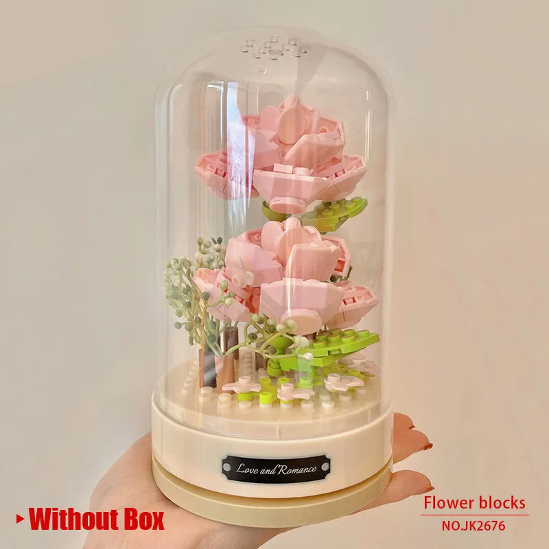 Jaki Building Block Flower Preserved Fresh Flower Rotating Music Box Rose Bouquet Assembled Toy Music Box Girl Gift