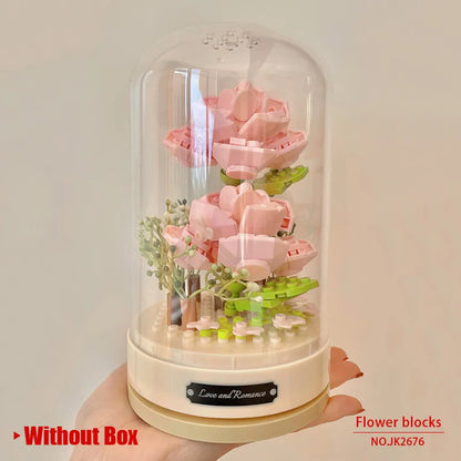 Jaki Building Block Flower Preserved Fresh Flower Rotating Music Box Rose Bouquet Assembled Toy Music Box Girl Gift