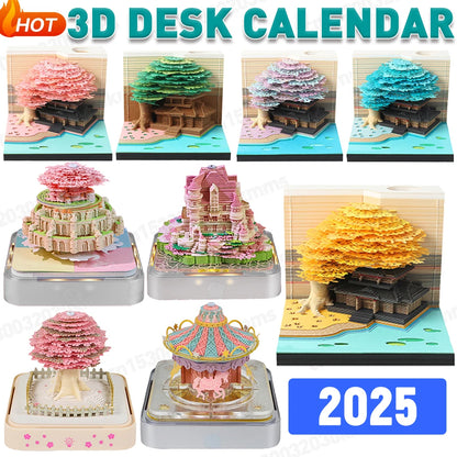 3D Desk Calendar 2025 Time Piece Calendar with LED Light Paper Carving Calendar Memo Pad Calendar for House Sculpture Present