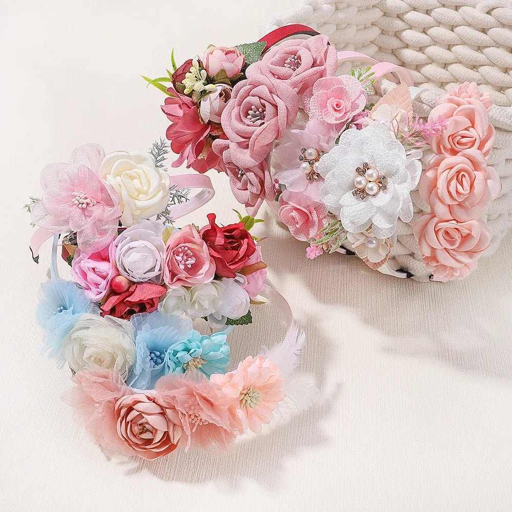 Handmade Head Flower Girls Headbands Baby Hairband Pearl Feather Wedding Princess Kids Dance Party Headwear Newborn Accessories