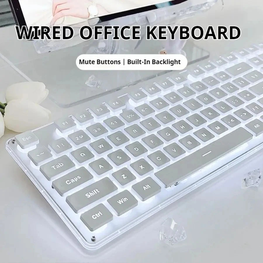 EWEADN GX710S Office Keyboard silent, All-Metal Panel 104 Keys Wired with Water Drop Keycaps, for Game and Office White & Black