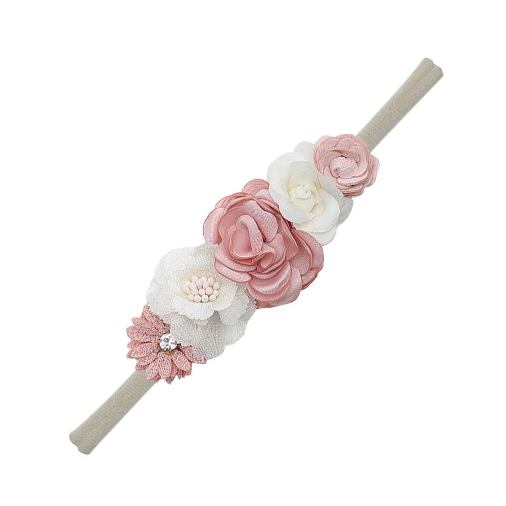 5Pcs/Lot Artificial Flower Baby Headband Newborn Boys Girls Fake Floral Nylon Hair Bands Princess Rhinestone Hair Accessories