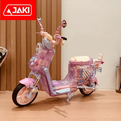 Genuine JAKI Building Blocks Motorcycle Models With Lights Electric Bicycle Toys Trendy Ornaments Girls New Year Gifts