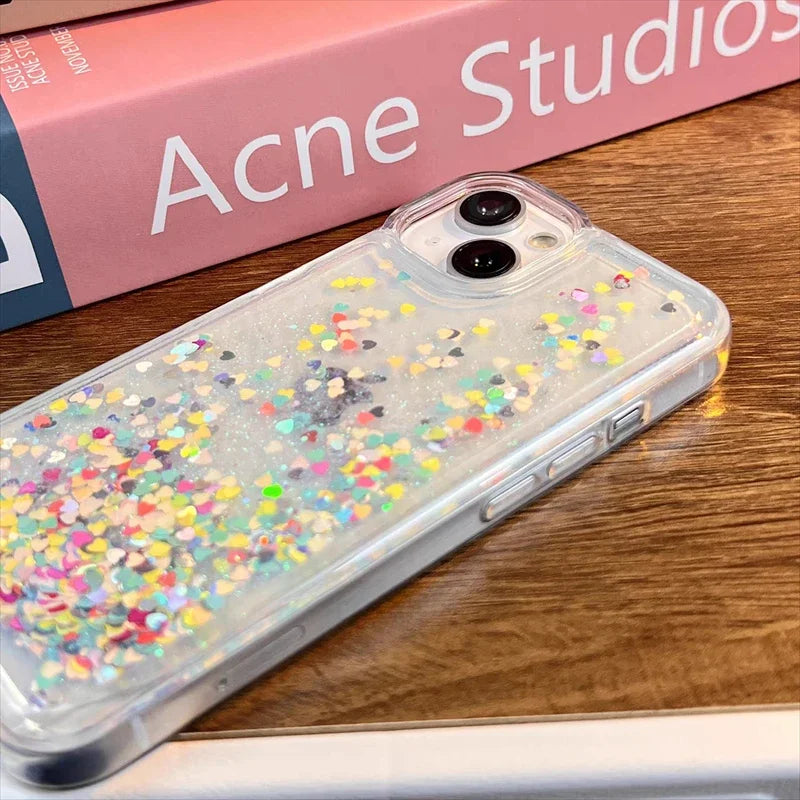 Colorful Star Hearts Quicksand Case Cover for iPhone 13 14 15 16 Pro Max Clear Moving Sand Sequins Liquid Soft Paillettes Coque