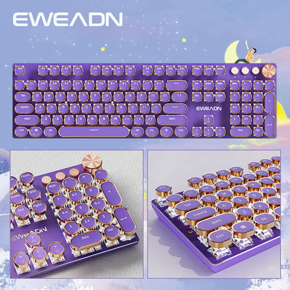 EWEADN V20 Punk Typewriter Mechanical Gaming Keyboard, 104 Keys Round Keycaps LED White Backlit, Key-wire separation design